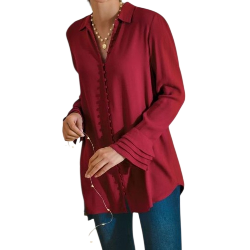 Soft Surroundings Long Sleeve Blouse Top Red Maroon Women Size Large Rayon